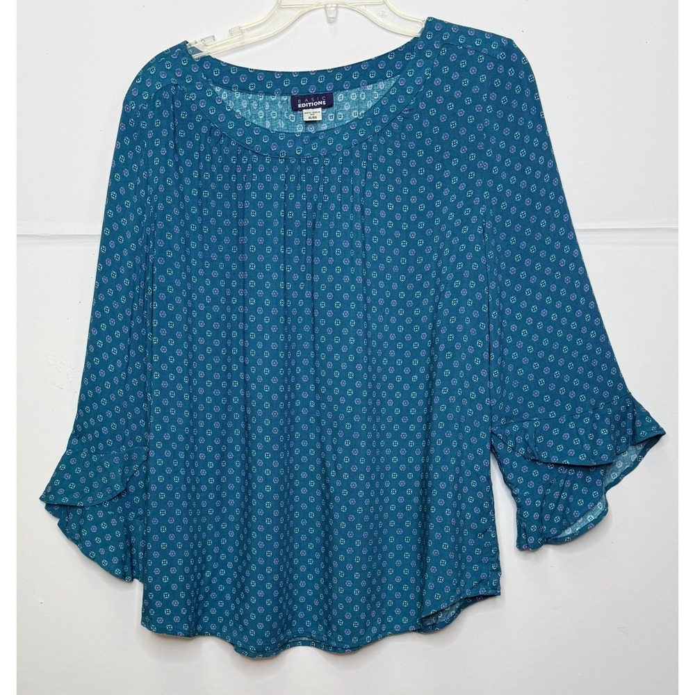 Basic Editions Blouse Sz XL Teal Geometric Ruffle Sleeve Top Boho Casual Office